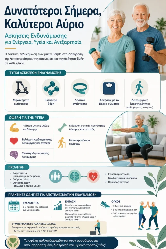 Ενημερωτικό infographic για την πρόληψη της σαρκοπενίας, που παρουσιάζει τύπους ασκήσεων ενδυνάμωσης, τα οφέλη για τους ηλικιωμένους και πρακτικές οδηγίες προπόνησης.