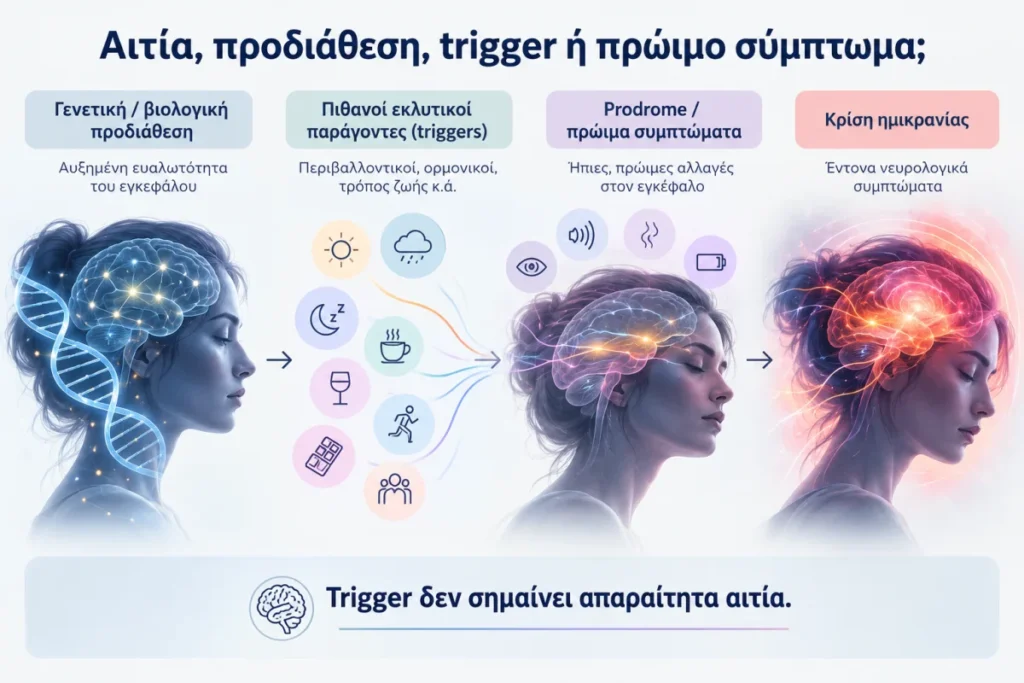 Διάγραμμα που εξηγεί τη διαφορά μεταξύ προδιάθεσης, εκλυτικών παραγόντων και πρώιμων συμπτωμάτων στην ημικρανία